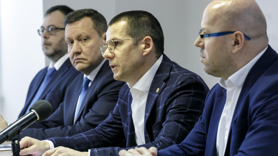 Pictured from left, Deputy Special Prosecutor of the Special Prosecutor's Office Ladislav Masár, Special Prosecutor of the Special Prosecutor's Office Daniel Lipšic, Štefan Hamran, President of the Police Force of the Slovak Republic and Ľubomír Daňko, Director of the National Criminal Agency (NAKA) during a press conference on clarified espionage in connection with the Russian Federation in Bratislava on March 15, 2022. PHOTO TASR - Dano Veselský