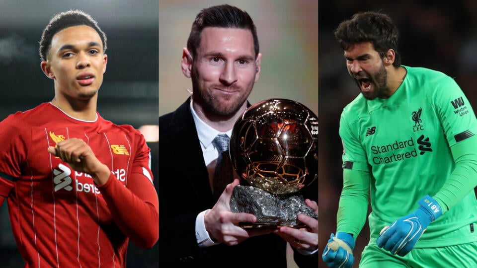 Zľava Trent Alexander-Arnold, Lionel Messi a Alisson Becker.