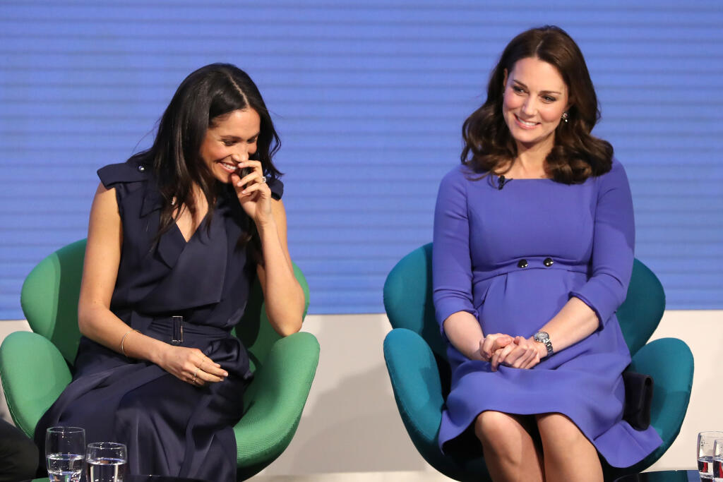 LONDON, ENGLAND - FEBRUARY 28: Meghan Markle and Catherine, Duchess of Cambridge attend the first annual Royal Foundation Forum held at Aviva on February 28, 2018 in London, England. Under the theme 'Making a Difference Together', the event will showcase the programmes run or initiated by The Royal Foundation. (Photo by Chris Jackson - WPA Pool/Getty Images)