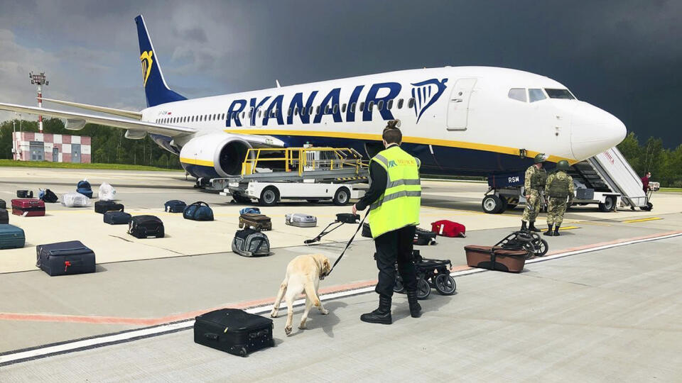 Minsk - Bezpečnostná služba za pomoci psa kontroluje batožinu cestujúcich lietadla spoločnosti Ryanair s registračným číslom SP-RSM, v ktorom cestoval aj bývalý šéfredaktor bieloruského opozičného spravodajského portálu Nexta Raman  Prataševič, na letisku v Minsku 23. mája 2021. Lietadlo nízkonákladovej spoločnosti Ryanair s registračným číslom SP-RSM, ktoré cestovalo z Atén do Vilniusu a po bombovej hrozbe bolo odklonené do Minska, pristálo v nedeľu 23. mája 2021