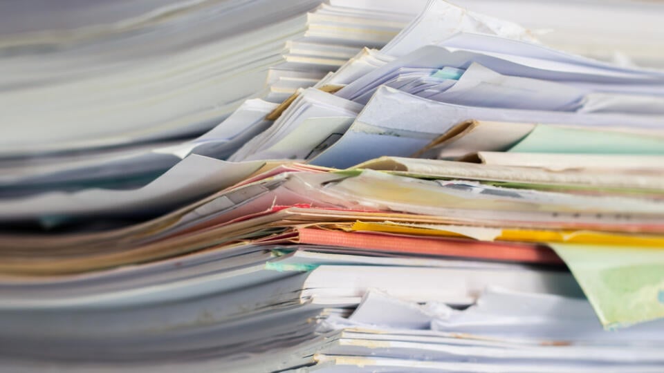 Piled,Heap,High,Recycle,Documents,Folders,,Stack,Business,Paper,On