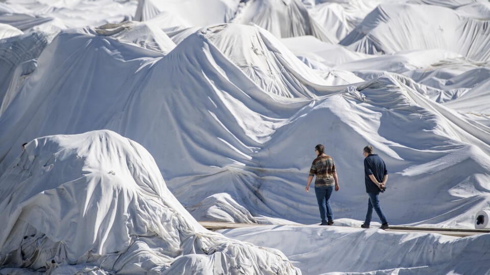 KK55 Furkpass - Na snímke ľudia počas návštevy ľadovca Rhone, ktorý je zakrytý fóliami neďaleko Furkpassu vo švajčiarskych Alpách 18. júla 2020. Časť ľadovca, ktorý je prameňom rieky Rhony, pravidelne zakrývajú fóliami, ktoré majú znížiť riziko nadmerného roztápania sa. FOTO TASR/AP
People visit the Rhone Glacier covered in blankets above Gletsch near the Furkapass in Switzerland, on Saturday, 18 July 2020. The Alps oldest glacier is protected by special white blankets to prevent it from meltin