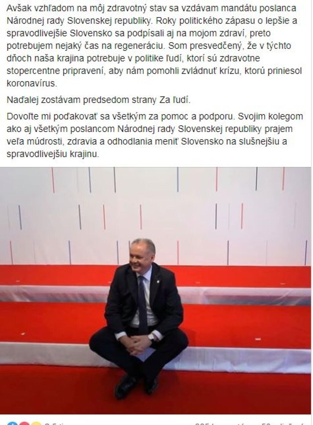 Exprezident Andrej Kiska oznámil na sociálnej sieti, že sa vzdáva mandátu poslanca.