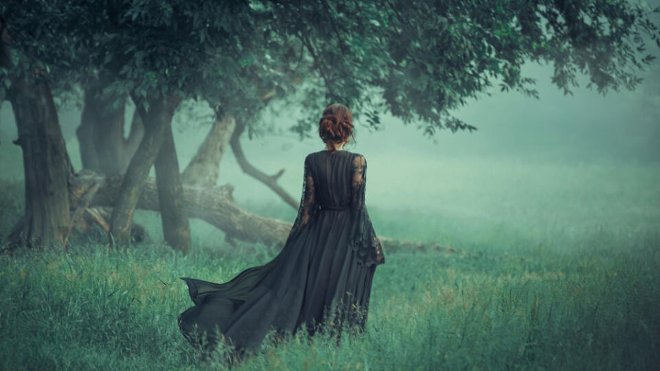 Fantasy,Ghost,Girl,Walk,Dark,Nature,Forest,Long,Black,Vintage