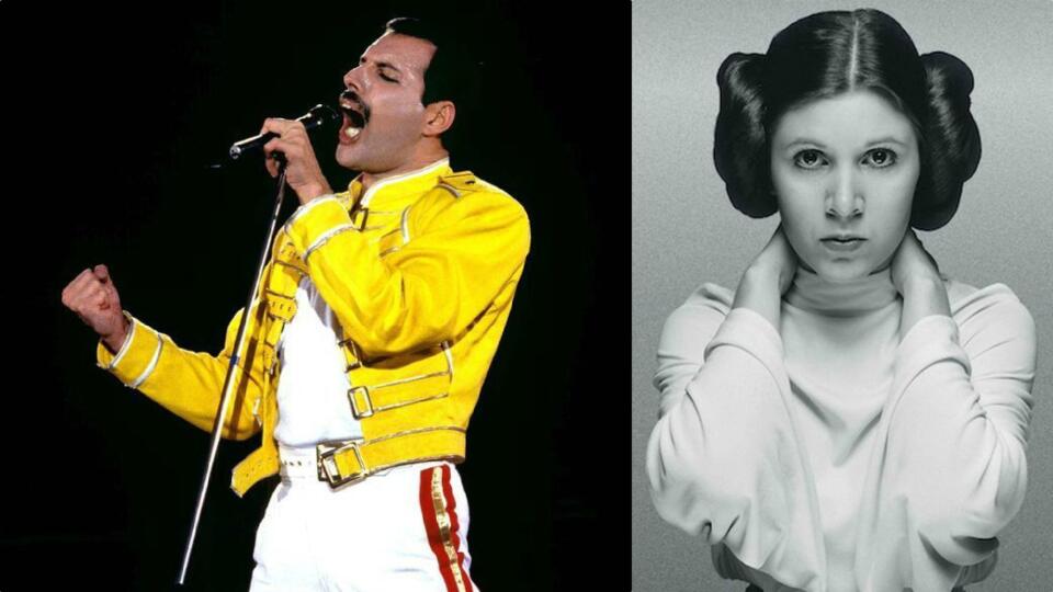 Freddie Mercury a Carrie Fisher.