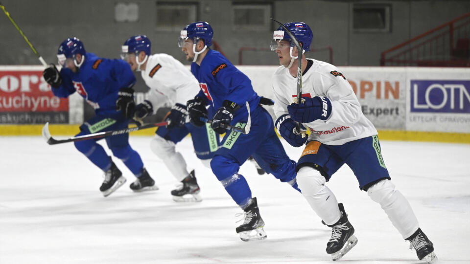 Na snímke hokejisti trénujú na ľade počas zrazu slovenskej hokejovej reprezentácie v Trenčíne v utorok 25. apríla 2023. FOTO TASR - Radovan Stoklasa
