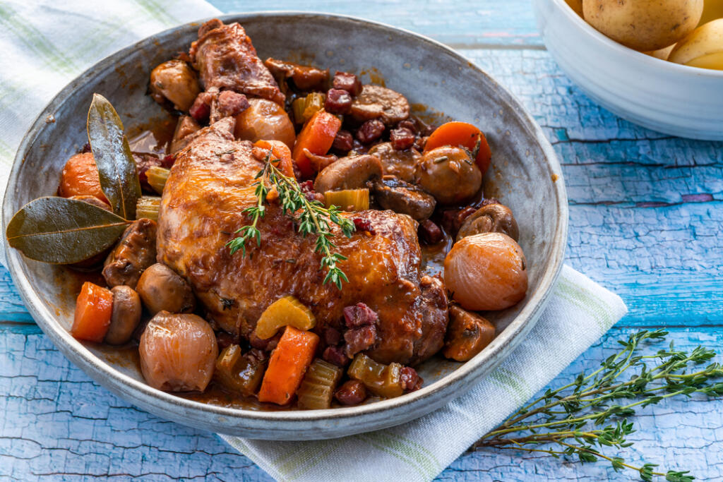 Coq,Au,Vin,-,French,Dish,Of,Chicken,,Baconm,Mushrooms