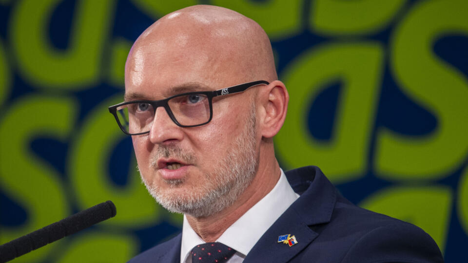 Na snímke nový predseda strany Sloboda a solidarita (SaS) Branislav Gröhling počas tlačovej konferencie po kongrese strany SaS v sobotu 16. marca 2024 v Bratislave. FOTO TASR - Jakub Kotian
