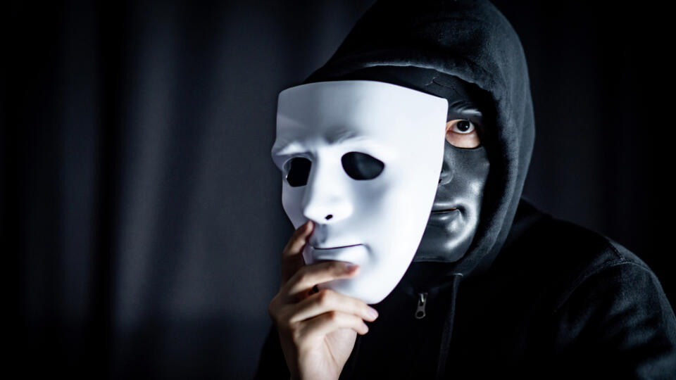 Mystery,Hoody,Man,Wearing,Black,Mask,Holding,White,Mask.,Anonymous