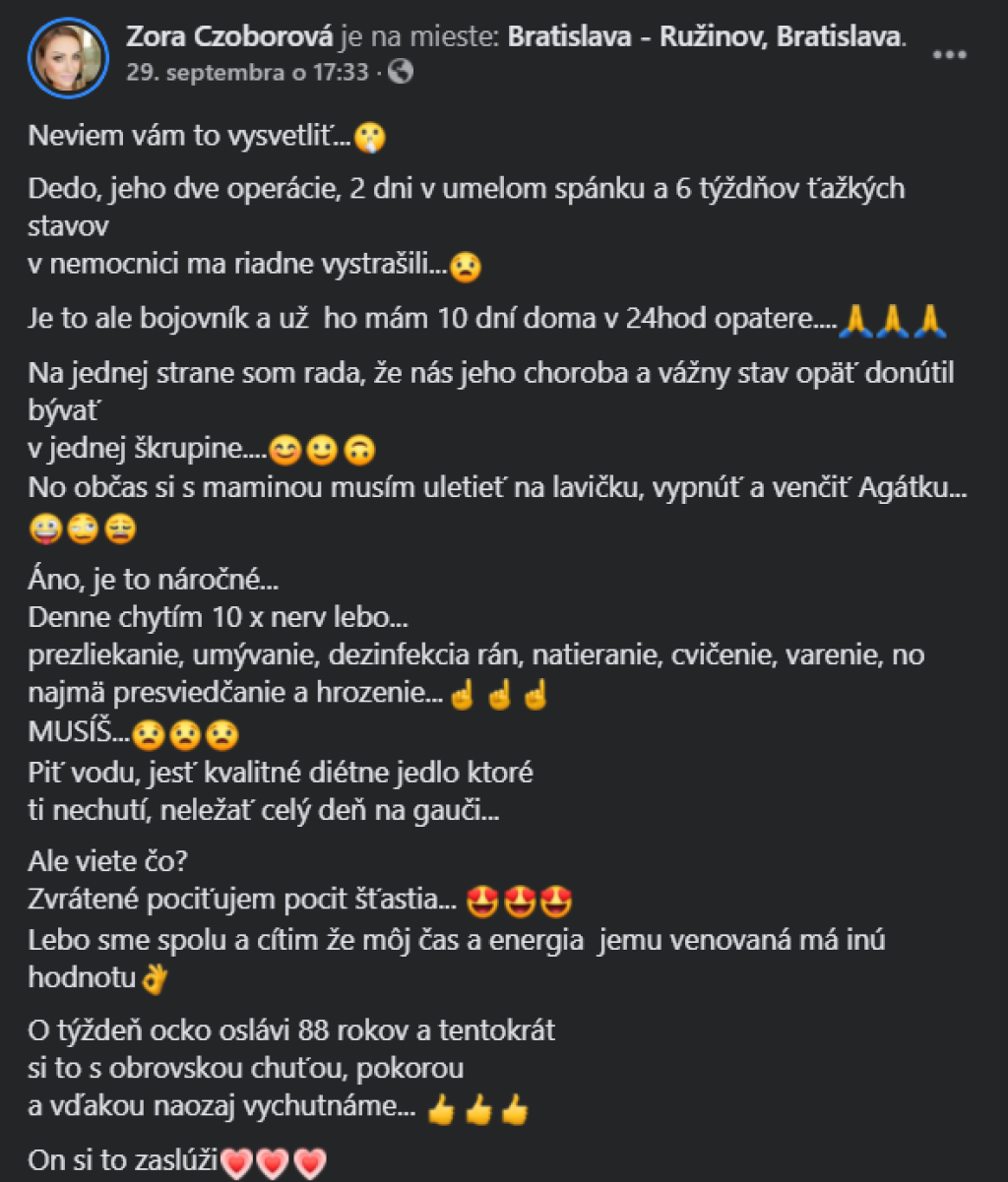 Zora Czoborová sa stará o otca po operáciách. Občas si ale s mamou vybehnú na chvíľu na lavičku načerpať energiu.