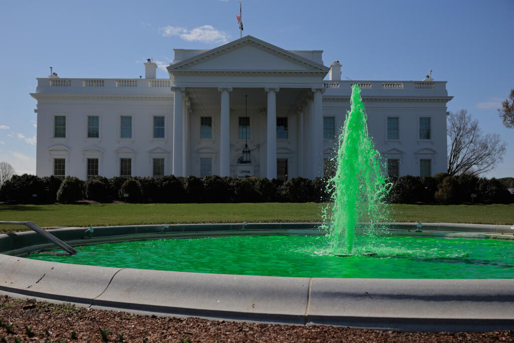 White House Fountain On North Lawn Dyed Green For St. Patrick's Day