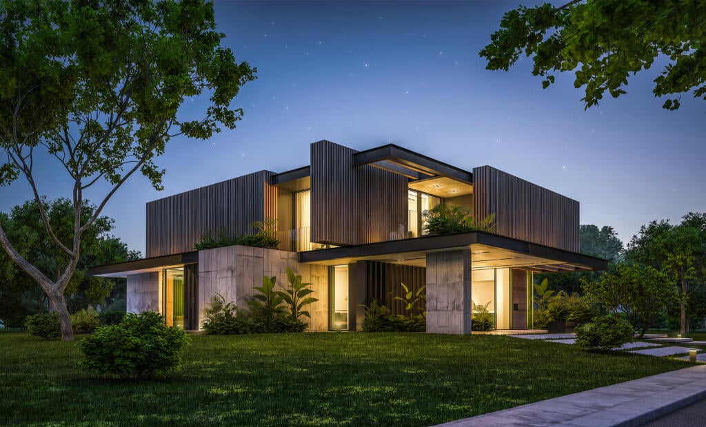 3d,Rendering,Of,Modern,Cozy,House,With,Parking,And,Pool
