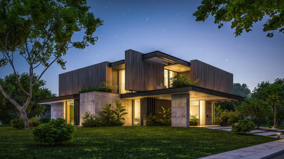 3d,Rendering,Of,Modern,Cozy,House,With,Parking,And,Pool