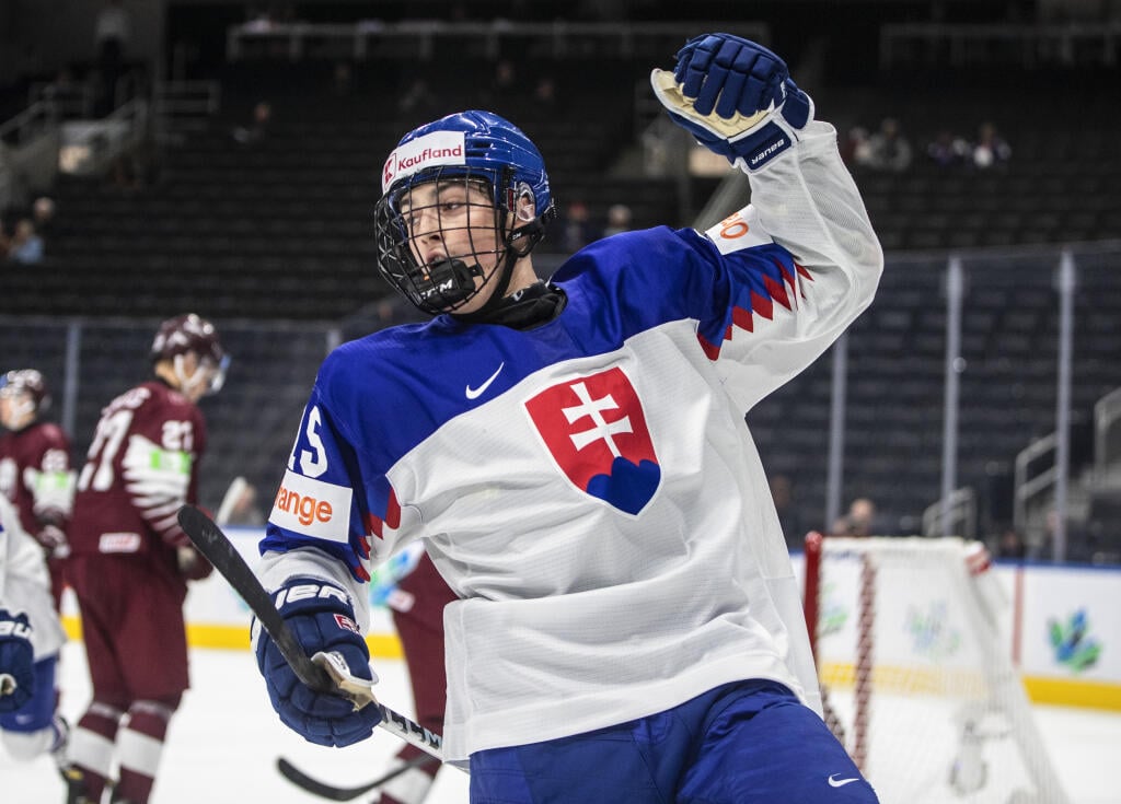 WA 5 Edmonton - Slovenský hokejista Dalibor Dvorský sa teší po strelení gólu v zápase základnej A-skupiny Slovensko - Lotyšsko na MS hráčov do 20 rokov v kanadskom Edmontone v piatok 12. augusta 2022. Slováci zvíťazili 3:2 po samostatných nájazdoch. FOTO TASR/AP
Slovakia's Dalibor Dvorsky (15) celebrates a goal against Latvia during the second period of an IIHF junior world hockey championships game Friday, Aug. 12, 2022, in Edmonton, Alberta. (Jason Franson/The Canadian Press via AP)