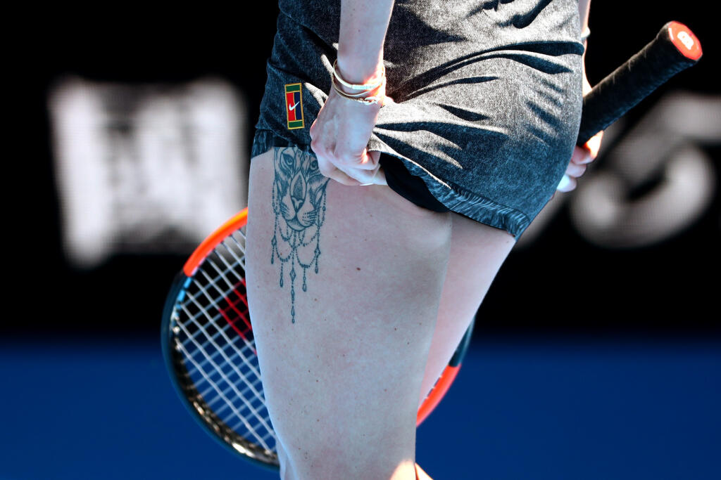 MELBOURNE, AUSTRALIA - JANUARY 19: The tattoo of Elina Svitolina of Ukraine is seen in her third round match against Shuai Zhang of China during day six of the 2019 Australian Open at Melbourne Park on January 19, 2019 in Melbourne, Australia. (Photo by Michael Dodge/Getty Images)