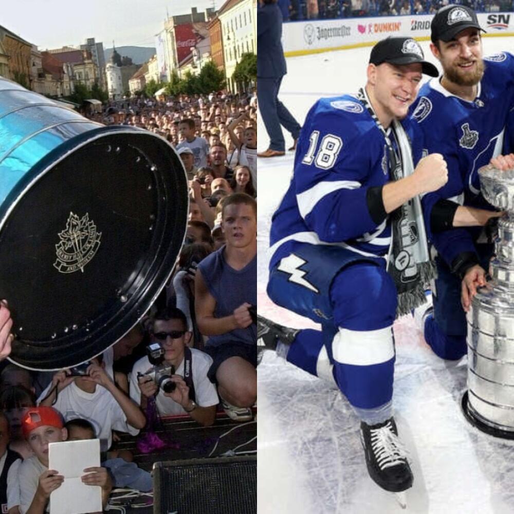 Vľavo Jirko Bicek oslavuje zisk Stanley Cupu v roku 2003 v Košiciach. Dočkajú sa východniari osláv aj s Erikom Černákom (vpravo)?