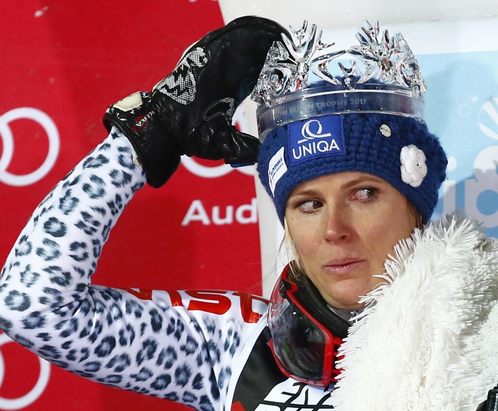 Slovakia's Veronika Velez Zuzulova, the winner, poses on podium after an alpine ski, women's World Cup slalom in Zagreb, Croatia, Tuesday, Jan. 3, 2017. (AP Photo/Giovanni Auletta)