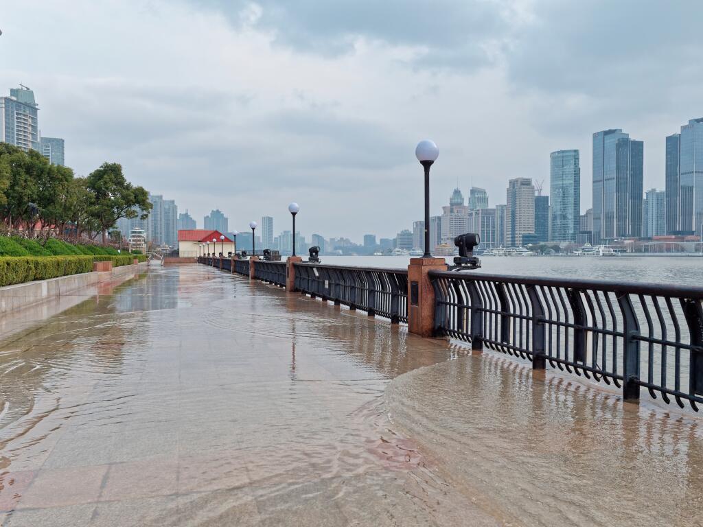 Shanghai, China - Feb. 15, 2021: The Huangpu river overflowed its banks after heavy rain.