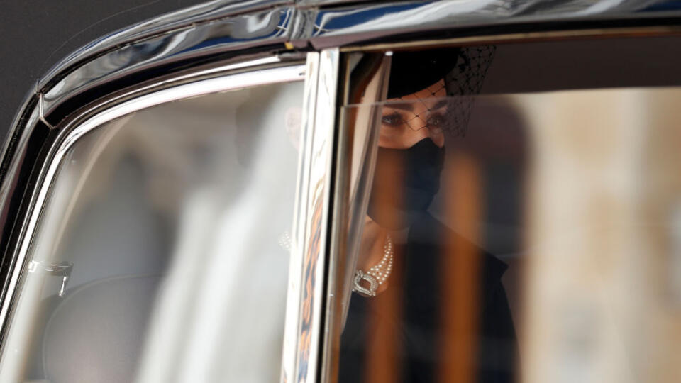 Catherine, Duchess of Cambridge arrives at Windsor Castle to attend the funeral of Prince Philip, Duke of Edinburgh on April 17, 2021 in Windsor, United Kingdom.