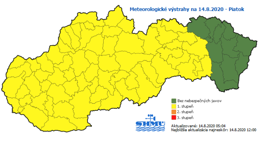 Na väčšine územia Slovenska hrozia počas piatka búrky s krúpami, sprevádzané intenzívnymi lejakmi a nárazovým vetrom. Výstraha SHMÚ sa netýka iba okresov na Hornom Šariši a Zemplíne na východe krajiny.