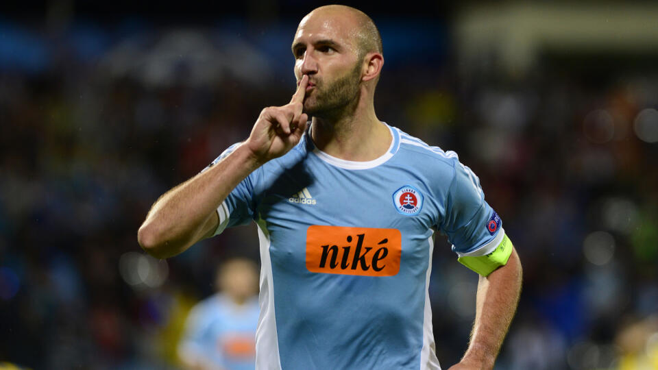 Robert Vittek (Slovan) sa teší po strelení gólu v prvom zápase play off futbalovej Ligy majstrov Slovan Bratislava – BATE Borisov (Bielorusko) v Bratislave v stredu 20. augusta 2014.