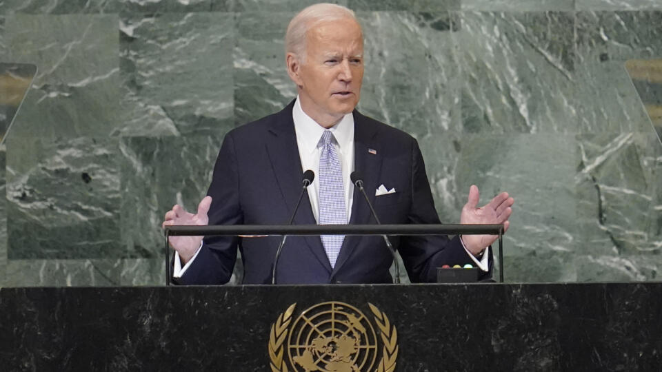KK26 New York - Americký prezident Joe Biden počas prejavu na 77. Valnom zhromaždení OSN v New Yorku v stredu 21. septembra 2022. FOTO TASR/AP
President Joe Biden addresses to the 77th session of the United Nations General Assembly, Wednesday, Sept. 21, 2022, at U.N. headquarters. (AP Photo/Mary Altaffer)