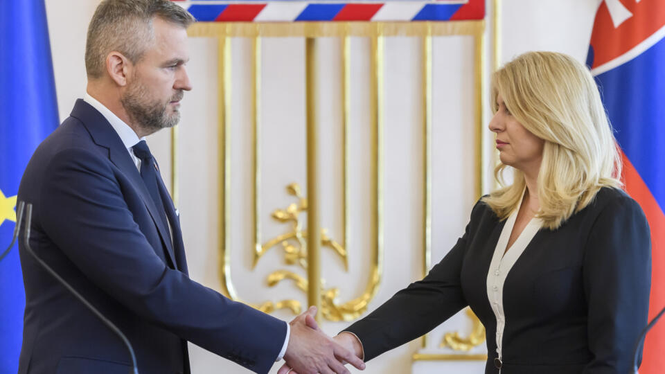 Novozvolený prezident SR Peter Pellegrini a prezidentka SR Zuzana Čaputová počas vyhlásenia k atentátu na premiéra SR Roberta Fica (Sme) v Bratislave 16. mája 2024. FOTO TASR - Jaroslav Novák