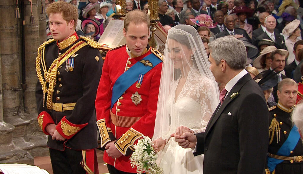 In this image taken from video, from right ,father of the bride, Michael Middleton, Kate Middleton, Britain's Prince William and Britain's Prince Harry stand at the alter at Westminster Abbey for the Royal Wedding in London on Friday, April, 29, 2011. (AP Photo/APTN) EDITORIAL USE ONLY NO ARCHIVE PHOTO TO BE USED SOLELY TO ILLUSTRATE NEWS REPORTING OR COMMENTARY ON THE FACTS OR EVENTS DEPICTED IN THIS IMAGE