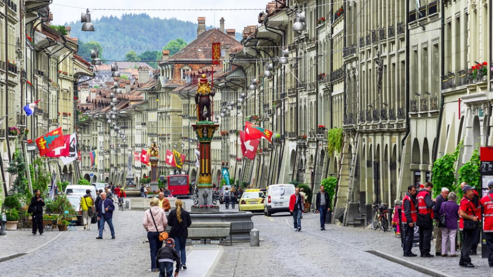 BERN, SWITZERLAND - JUNE 9, 2011: Everyday life at Marktgasse street in medieval city center