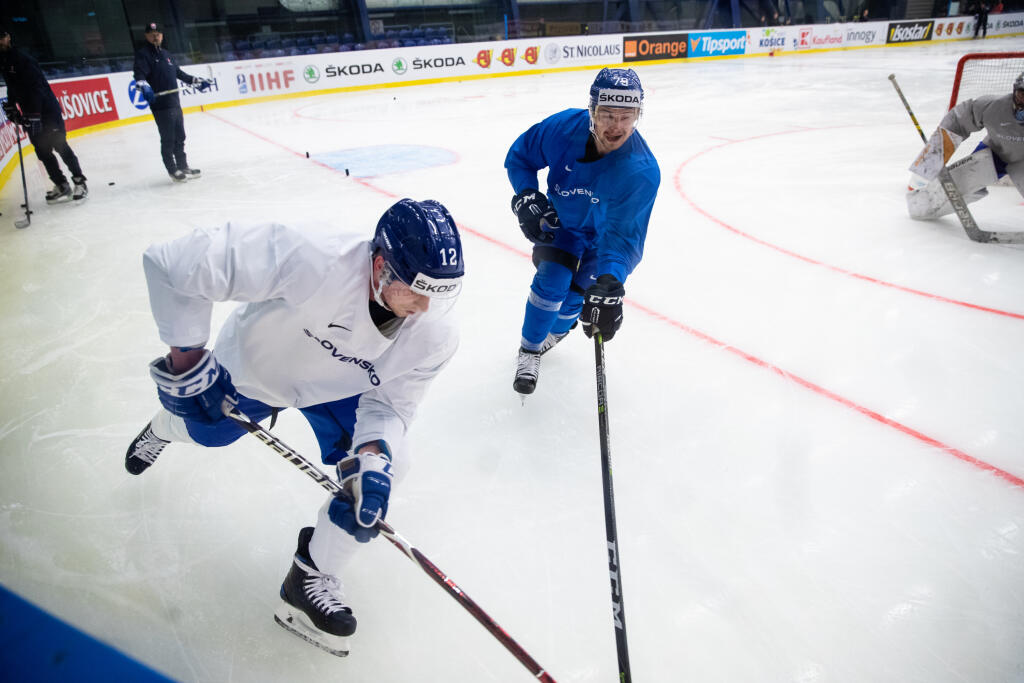 Na snímke Libor Hudáček a Dávid Bondra počas tréningu slovenskej hokejovej reprezentácie pred zápasom A skupiny Majstrovstiev sveta v ľadovom hokeji proti Kanade.