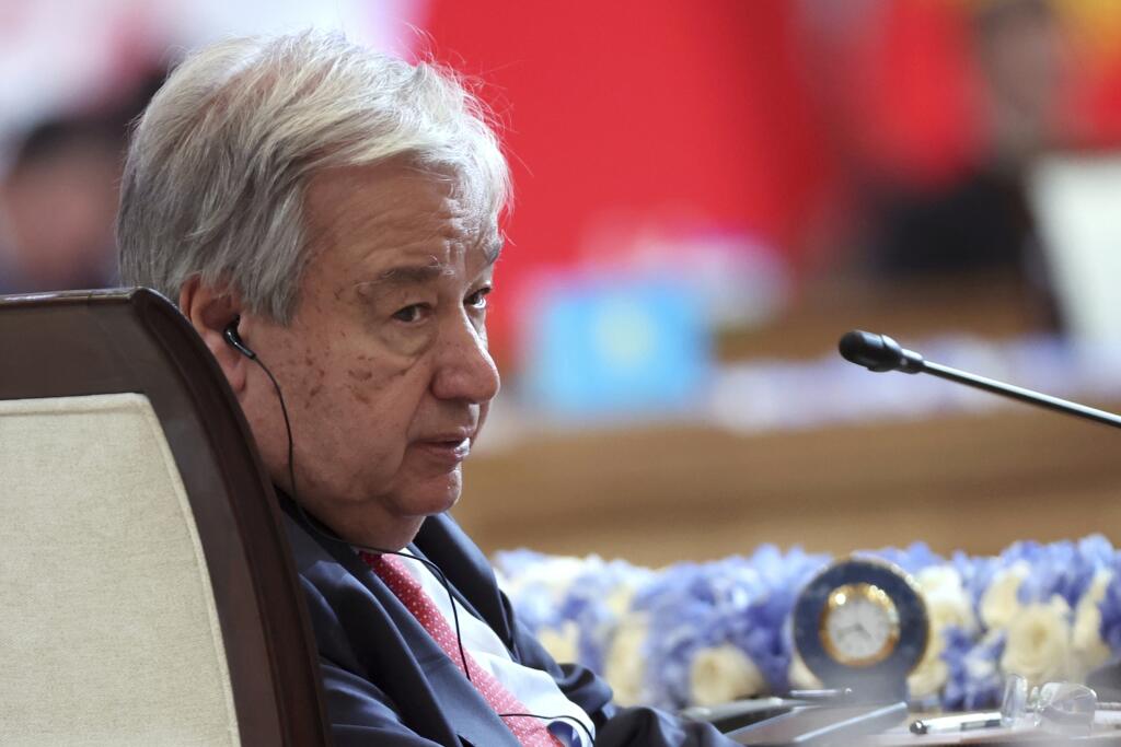 JB 12 Astana - Generálny tajomník OSN António Guterres počas summitu hláv štátov Šanghajskej organizácie pre spoluprácu (SCO) v kazašskej metropole Astana 4. júla 2024. FOTO TASR/AP

U.N. Secretary-General Antonio Guterres attends SCO Plus format meeting during Shanghai Cooperation Organisation (SCO) summit in Astana, Kazakhstan, Thursday, July, 4, 2024. (Sergei Savostyanov, Sputnik, Kremlin Pool Photo via AP)