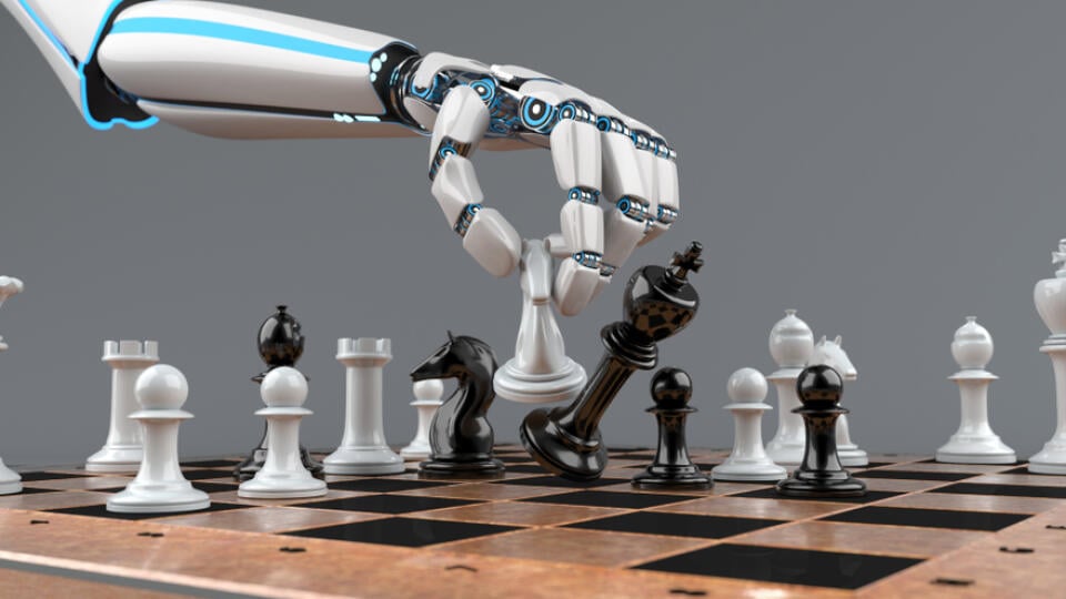 White,Humanoid,Robot,Hand,With,Make,A,Checkmate.,3d,Illustration.