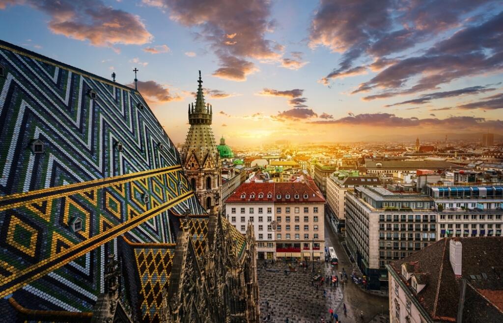 View of Vienna from the roof of St. Stephen's Cathedral, Vienna, Austria. St. Stephen's Cathedral is a symbol and landmark of the city of Vienna.