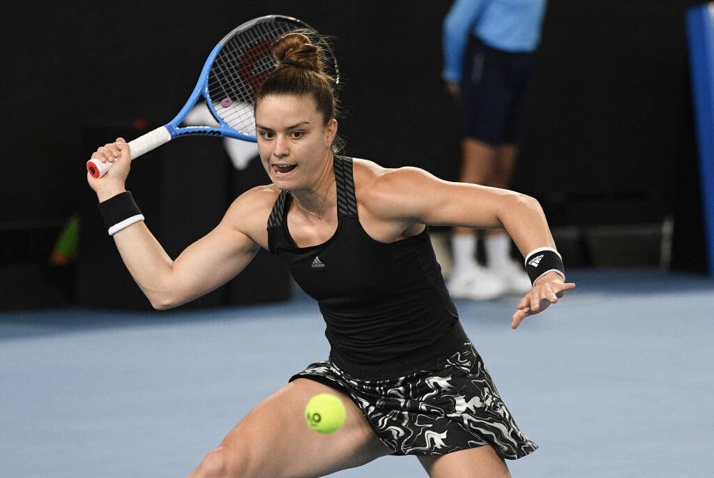 Grécka tenistka Maria Sakkariová v zápase proti Nemke Angelique Kerberovej vo štvrťfinále dvojhry dvojhry na turnaji WTA Grampians Trophy 6. februára 2021 v Melbourne.