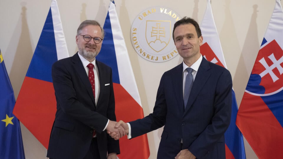 In the photo, the Prime Minister of the SR Ľudovít Ódor (right) and the Czech Prime Minister Petr Fiala during their meeting at the Government Office of the SR on May 31, 2023 in Bratislava.  TASR PHOTO - Pavel Neubauer