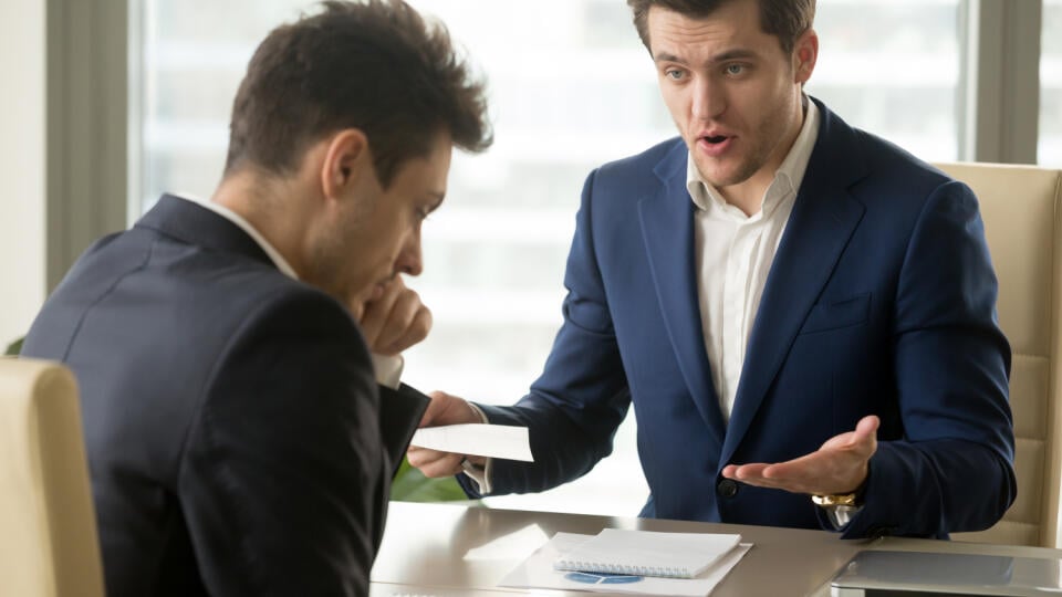 Angry mean boss yelling at employee for missing deadline, executive manager scolding ineffective salesman showing bad work results, firing worker for failure, team leader dissatisfied with report
