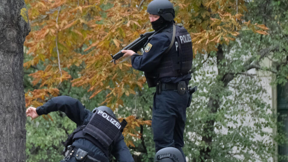 Wa 34 Halle - Policajti kráčajú po rebríku a preskakujú múr po streľbe v blízkosti synagógy vo východonemeckom meste Halle 9. októbra 2019. Pri streľbe zahynuli najmenej dve osoby. FOTO TASR/DPA
09.10.2019, Sachsen-Anhalt, Halle: Polizisten mit Schutzhelmen übersteigen eine Mauer. Bei Schüssen sind nach ersten Erkenntnissen zwei Menschen getötet worden. Recrop. Foto: Sebastian Willnow/dpa-Zentralbild/dpa +++ dpa-Bildfunk +++