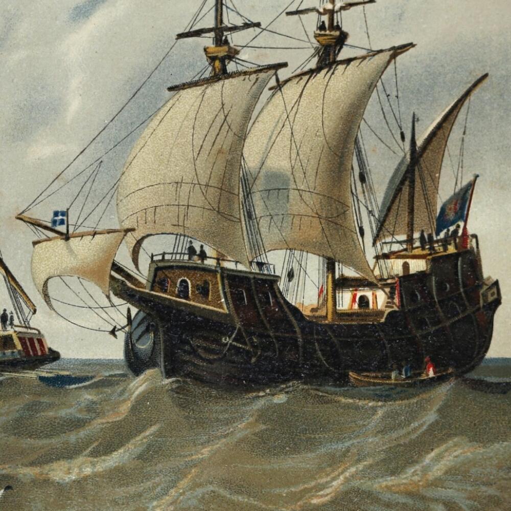 Middle age. Carrack. Three-masted ocean-goig sailing. 14th-15th century.