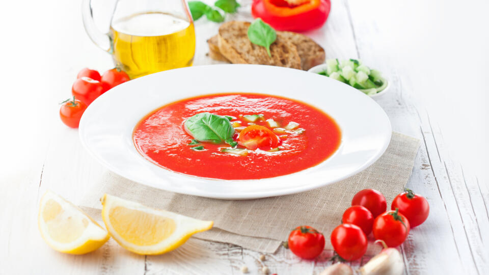 Tomato,Soup,Gazpacho,And,Ingredients,On,White,Wooden,Background,,Selective