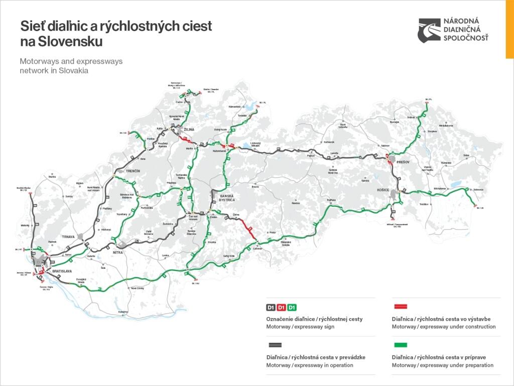 Mapa diaľnic na Slovensku.