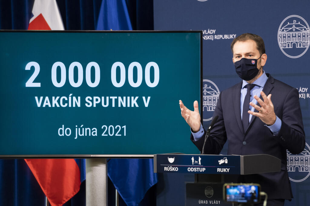 Na snímke predseda vlády SR Igor Matovič (OĽaNO) počas tlačovej konferencie na tému Sputnik V v Bratislave v piatok 19. februára 2021. FOTO TASR - Jaroslav Novák