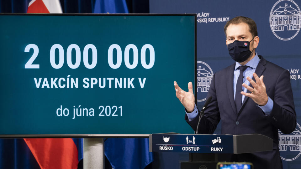 Na snímke predseda vlády SR Igor Matovič (OĽaNO) počas tlačovej konferencie na tému Sputnik V v Bratislave v piatok 19. februára 2021. FOTO TASR - Jaroslav Novák