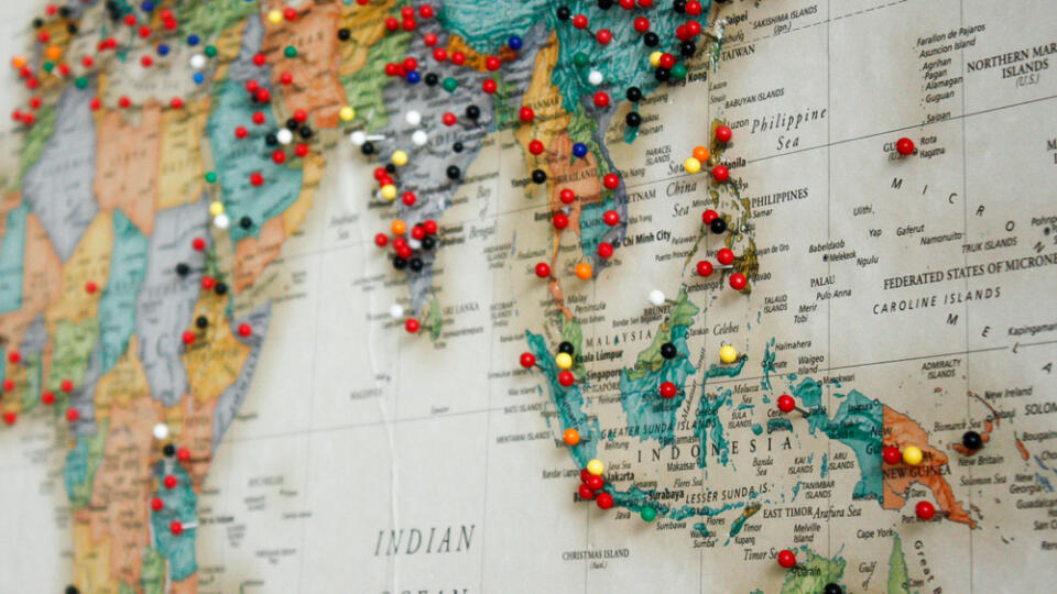 South,East,Asia,In,World,Map,With,Pins