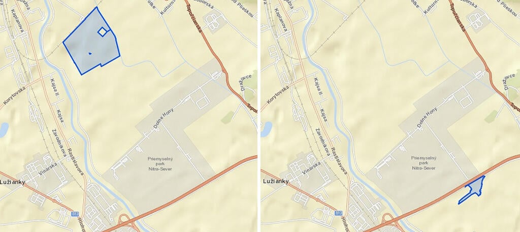 Za pozemky cirkvi (vpravo) zaplatil štát 45 €/m2, za pozemky iných vlastníkov len 15 a 17 €/m2. Kliknite pre zväčšenie.