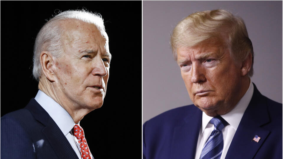 WA 2 - Na kombosnímke bývalý americký viceprezident Joe Biden (vľavo) a americký prezident Donald Trump. Bývalý viceprezident USA Joe Biden, ktorý si v piatok 5. júna 2020 zabezpečil nomináciu Demokratickej strany pre novembrové prezidentské voľby a bude v nich tak hlavným vyzývateľom prezidenta Donalda Trumpa, sa poďakoval za podporu a vyhlásil, že "sa pokúsi vyhrať bitku o dušu amerického národa". FOTO TASR/AP 

FILE - In this combination of file photos, former Vice President Joe Biden speaks 