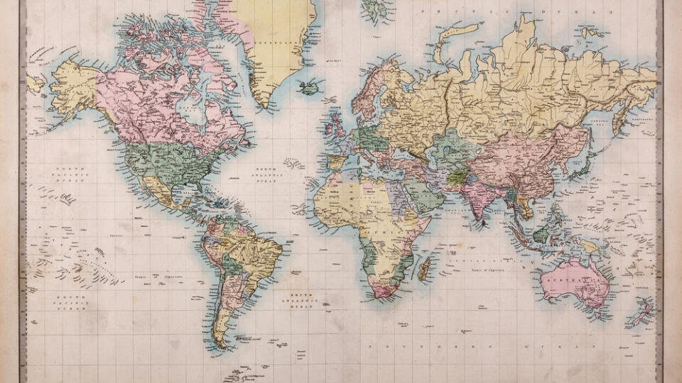 Original,Old,Hand,Coloured,Map,Of,The,World,On,Mercators