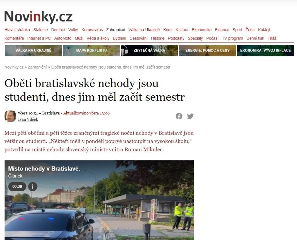 Takto reagovali na tragickú nehodu na Zochovej v Bratislave médiá v Česku.