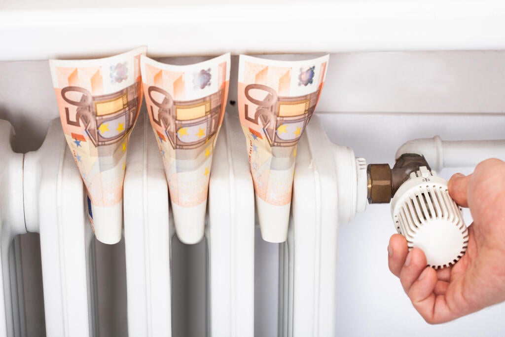 domácnosť - radiátor - kúrenie - termoregulátor - úspora energie - zníženie spotreby - peniaze - bankovky 