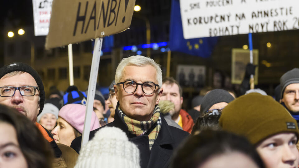 Ivan Korčok (uprostred) počas protestného zhromaždenia hnutia Progresívne Slovensko (PS), strany Sloboda a Solidarita (SaS) a Kresťanskodemokratického hnutia (KDH) proti návrhu trestného zákona, ktorý obsahuje aj zrušenie Úradu špeciálnej prokuratúry, 11. januára 2024 na Námestí SNP v Bratislave.