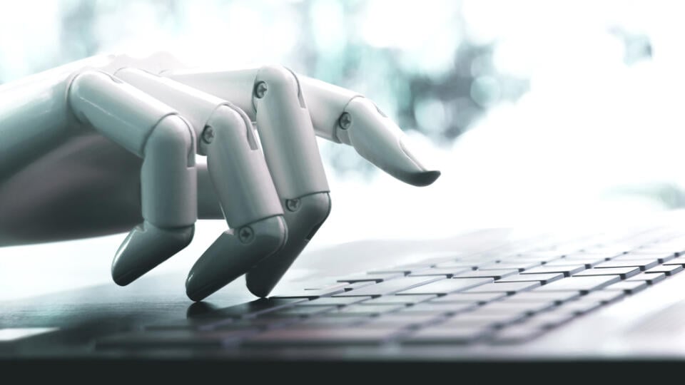 Robot,Concept,Or,Robot,Hand,Chatbot,Pressing,Computer,Keyboard,Enter